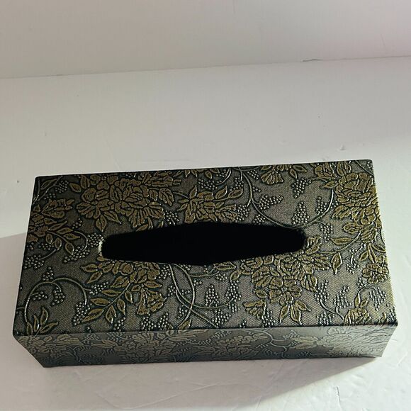 Tissue Box Cover Grapes Flowers Bottom Flap Gold Black Hollywood Regency 9.5X5X3 - Picture 2 of 6